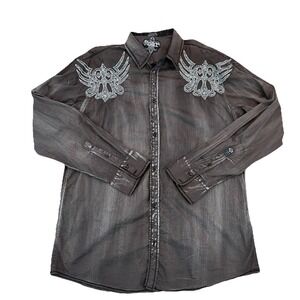 Y2K Roar Shirt Men's XL Tribal Embroidered Button Up Western Rock Grunge